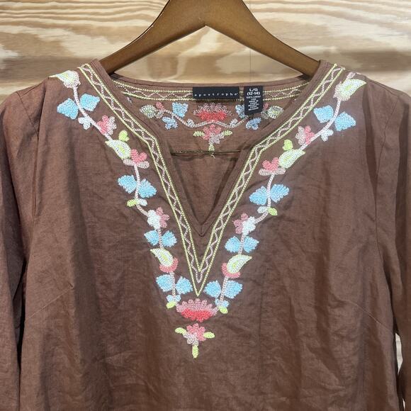 Apostrophe Linen Embroidered Tunic Blouse Women’s Size 12-14 Chocolate Brown - Picture 4 of 10